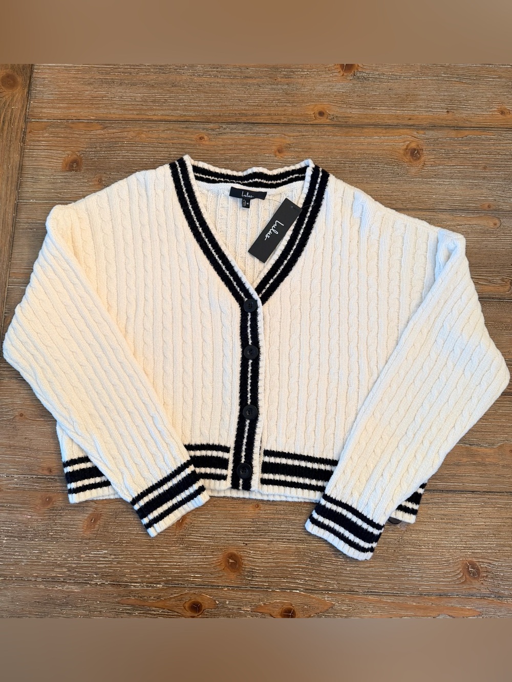 Lulu's Ivory Cable-Knit Cardigan with Black Stripe Trim